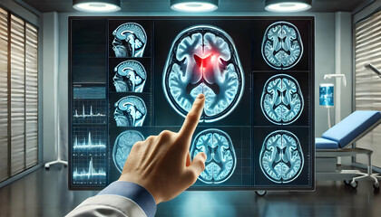 A Finger pointing at MRI brain screen interface, Mri showing brain stroke damage. 