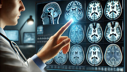 A Finger pointing at MRI brain screen interface, Mri showing brain stroke damage. 