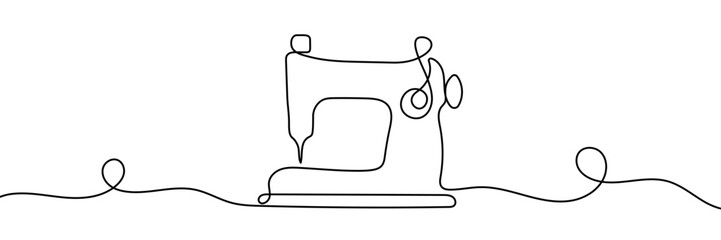 Sewing machine in continuous line art drawing style. Abstract old style sewing-machine for atelier or tailor sign design. Minimalist black linear sketch on white background. Vector illustration