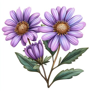 A beautiful illustration of purple daisies with green leaves, perfect for floral designs and nature-themed projects.