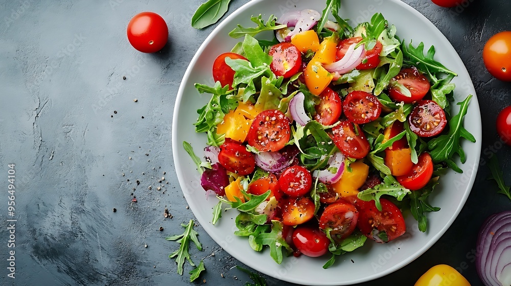 Poster delicious vegetable salad on light grey table top view : generative ai