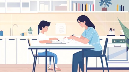 Obraz premium A mother helps her child with homework in the kitchen.