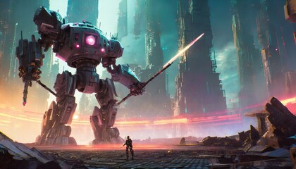 RPG Game Concept of Detailed catastrophic inside game army versus giant mecha robot on a broken city war, perfect to use for Story Boards Needs.