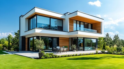 Modern house with garden under sky : Generative AI