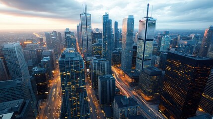 a vibrant cityscape at dusk captured from the air, showcasing towering skyscrapers with lights just beginning to illuminate, and busy highways weaving through the buildings