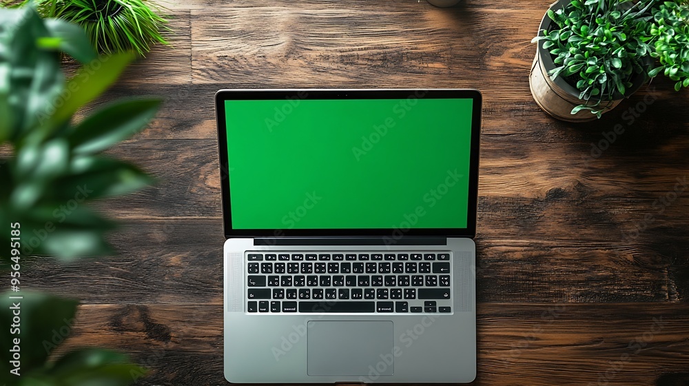 Poster laptop computer standing on a wooden desk with a green screen chromakey mock up display creative off