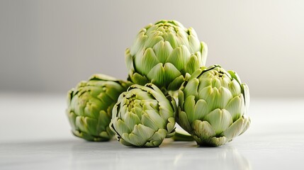 Fototapeta premium Artichokes are artfully arranged on a white table with soft gray and diffused lighting, highlighting their beauty.