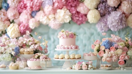 A beautiful wedding cake with flowers on top, surrounded by cupcakes and flowers.