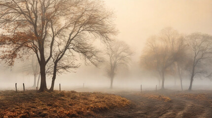 Fototapeta premium Idyllic tranquil scene of early foggy morning in the autumn forest