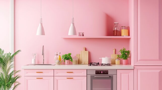A pink kitchen with modern appliances and a plant in the corner.