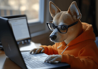 A dog wearing glasses and hoodie working on a computer