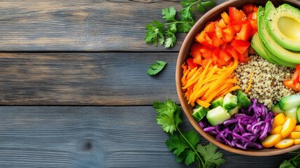 a vibrant vegan Buddha bowl filled with fresh vegetables, quinoa, avocado, and a sprinkle of seeds, served on a rustic wooden table in natural light