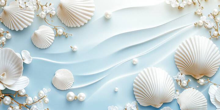 Luxury flat lay composition with sea white shells, pearls and abstract waves on blue  background with copy space, top view. Greeting card, wedding invitation