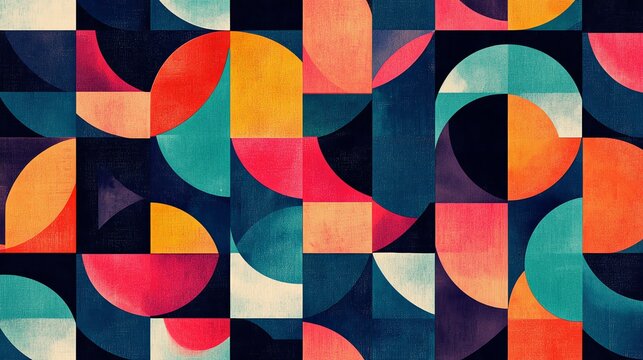 Colorful geometric abstract background with a repeating pattern of squares and circles. - Powered by Adobe