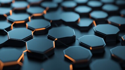 Fototapeta premium Abstract background with dark blue hexagonal pattern and glowing orange edges.