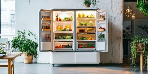Open refrigerator with fresh produce and jars.