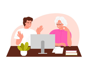 Young man helping elderly woman use computer, grandson teaching grandma vector illustration