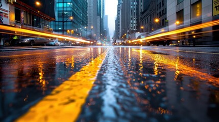 a wide-angle shot of a busy city street at night, with headlights streaking through the frame as cars pass by, reflecting off the wet pavement, captured in first person point of view