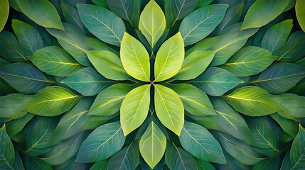 Fototapeta premium Green leaves arranged in a symmetrical pattern, creating a natural mandala.