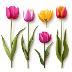 Fototapeta premium A vibrant collection of tulips in various colors, showcasing their unique petals and green leaves, perfect for spring themes.