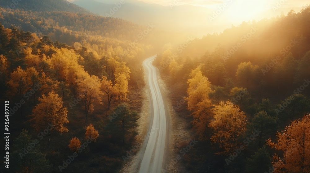 Aufkleber aerial view of mountain road in forest at sunset in autumn in ukraine top drone view of road in wood