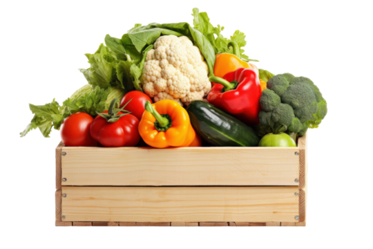 Fresh vegetables in wooden crate isolated on transparent background
