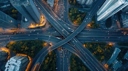 an aerial shot of a city intersection, where multiple roads converge, and traffic moves in synchronized patterns, emphasizing the complexity of urban infrastructure