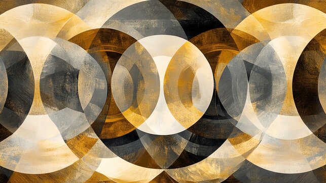 Abstract geometric background with overlapping circles in shades of gold, black and white.