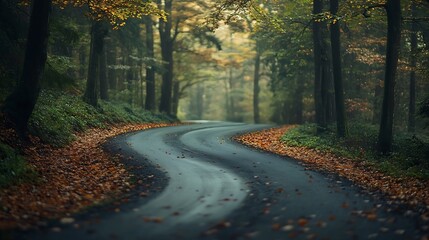 Fototapeta premium Road turning right in green forest Winding road though the wood early autumn in black forest : Generative AI