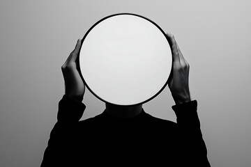 Faceless Silhouette Holding a Round Mirror Creating a Mysterious and Abstract Conceptual Artwork