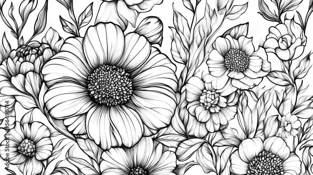 Wall mural line art illustration showcasing a floral pattern on a card