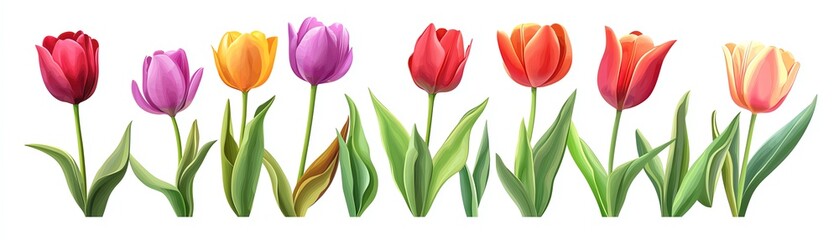 Fototapeta premium A vibrant row of tulips showcasing a variety of colors, perfect for spring-themed designs and floral inspirations.