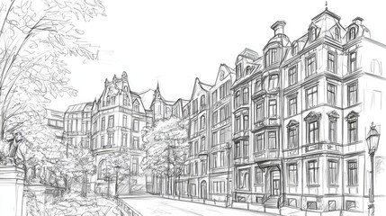Line art illustration of historic architecture pencil sketch style
