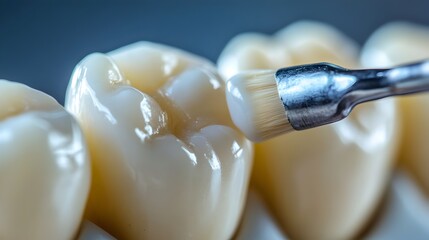 Macro close up photography showcasing the fine details of a dental brush applying sealant to the surface of a tooth