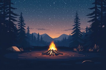 Campfire in a Forest Clearing Under a Starry Night Sky