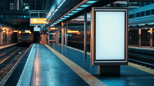 Late-night ambiance at a quiet train station with empty platforms and illuminated signs