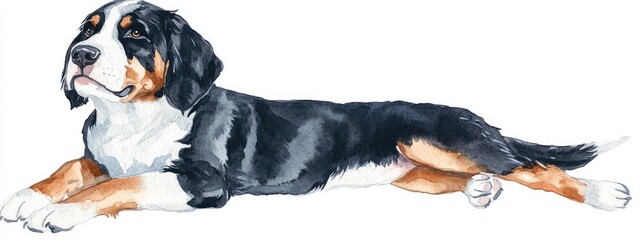 Watercolor portrait of a Greater Swiss Mountain Dog illustrated and featuring a puppy set against a transparent white background