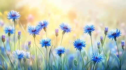 Watercolor illustration showcasing vibrant blue cornflowers blooming in a sunlit meadow Experience the beauty of summer with radiant wildflowers enjoying the warmth of the sun Softly blurred backgr