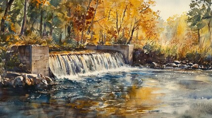 Fototapeta premium Watercolor painting of a historical needle weir on a river