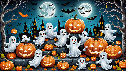 A seamless Halloween pattern with pumpkins, ghosts, and witches hats on a dark background.