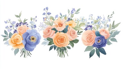 Watercolor style wedding bouquets featuring floral bunches Isolated on a white background this romantic illustration is hand drawn