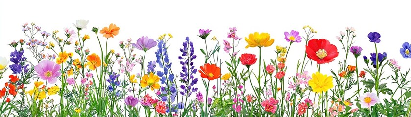 Colorful wildflowers bloom in a vibrant array, showcasing nature's beauty against a bright, white background.