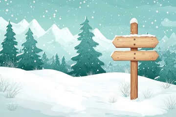Wooden Signpost in a Snowy Winter Forest Landscape