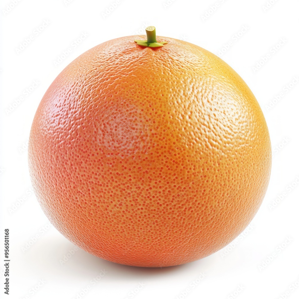 Poster A whole grapefruit, pink and orange with a green stem on top, isolated against a white background.