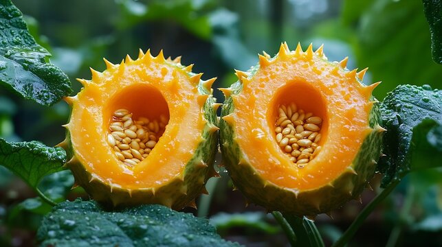 kiwano or hornet melon opened in half with the seeds in the greenhouse kiwano harvesting : Generative AI