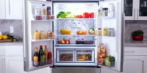 A well-stocked refrigerator with fresh produce and drinks.