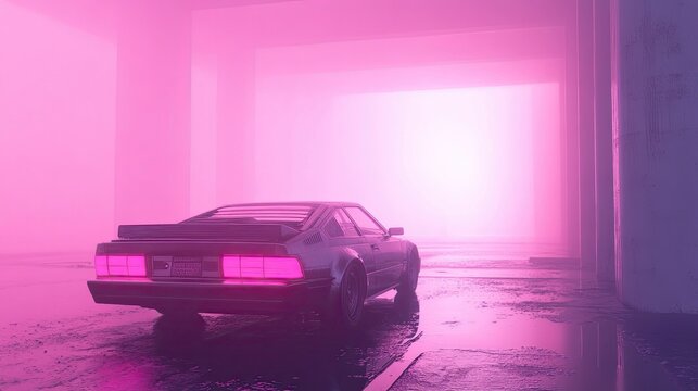 A sleek, futuristic car sits in a pink-lit, futuristic setting. The car's sleek lines and glowing taillights create a sense of speed and excitement.