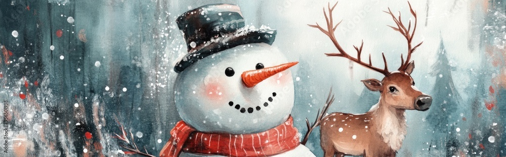 Wall mural watercolor snowman with reindeer