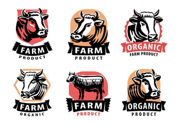 Cow, bull badge or label set, vector illustration. Emblems signs for packaging of farm organic products