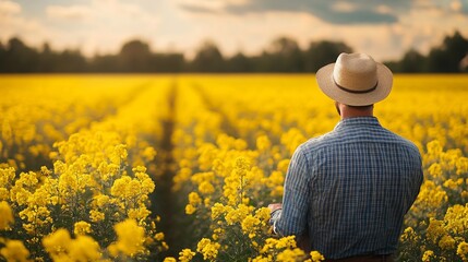 farmer man examining crops in a blooming rapeseed field agriculture business concept : Generative AI